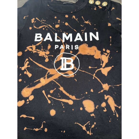 Distressed BALMAIN black white B logo gold military buttons tshirt FR34 XXS - Picture 2 of 16